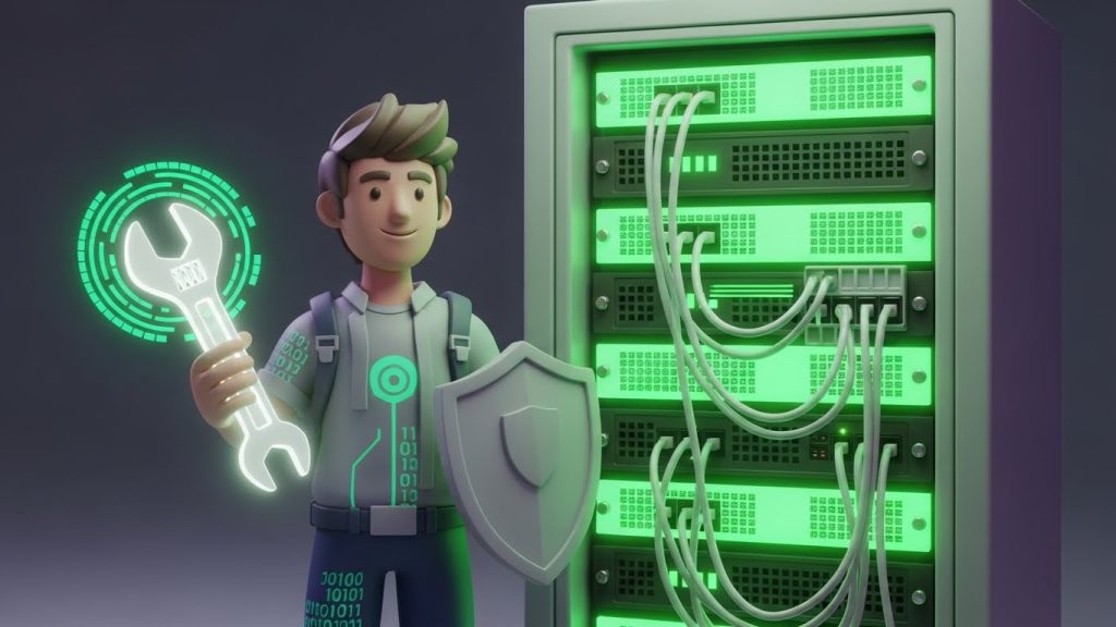 A 3D character holding a wrench and shield standing next to a functional green glowing server rack.