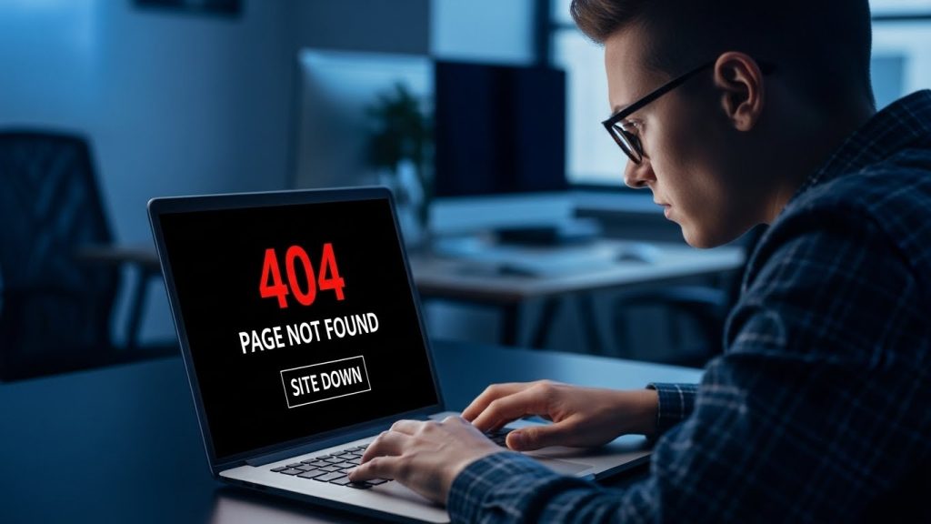 Person using laptop with error message wordpres down