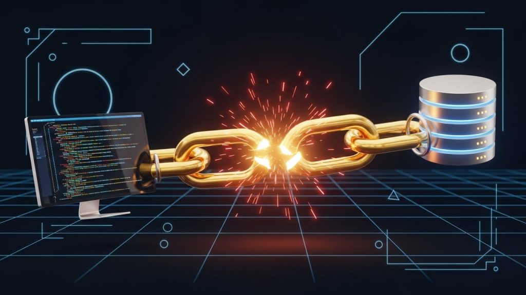 Conceptual digital art showing a broken golden chain between a laptop and a server representing a WordPress database connection error.